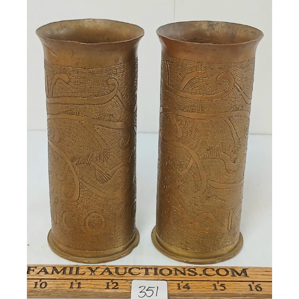 LOT OF 2 - WWI ETCHED BRASS ARTILLERY SHELLS - TRENCH ART VASES
