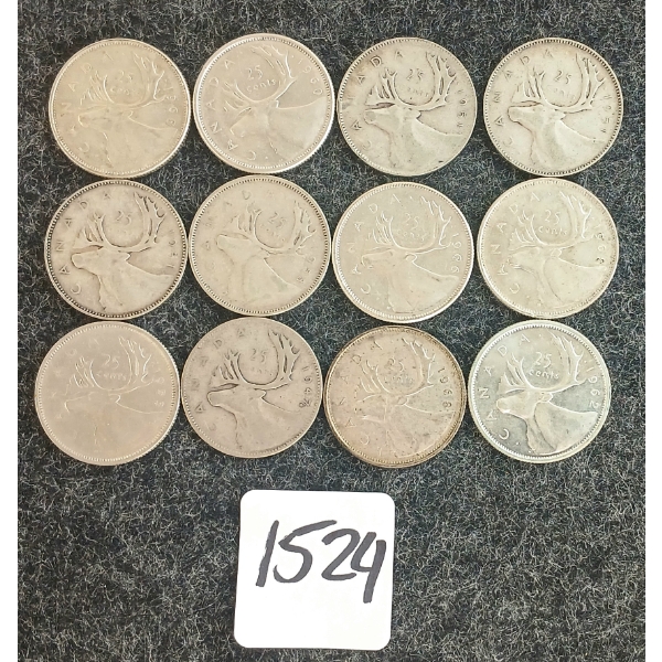 LOT OF 12 - 1947-1968 CDN 25 CENT COINS