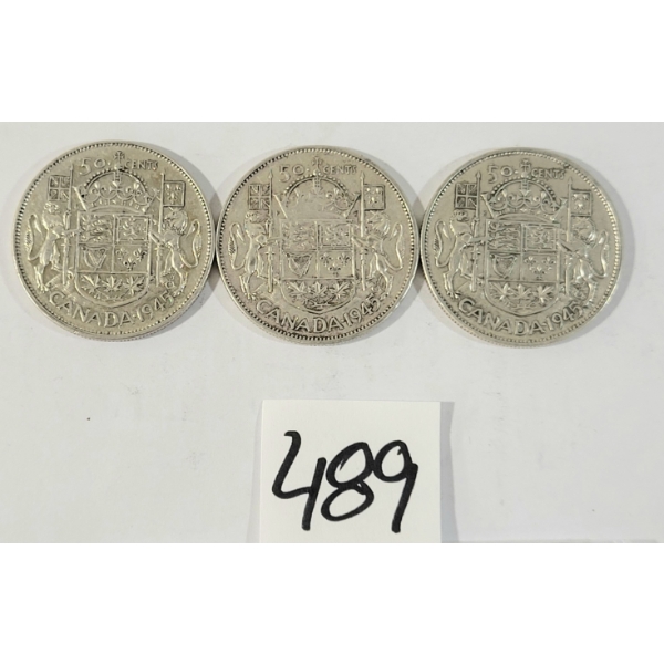 LOT OF 3 - 1945 CDN 50 CENT SILVER COINS
