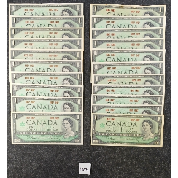 LOT OF 21 - 1967 CDN $1 BANKNOTES