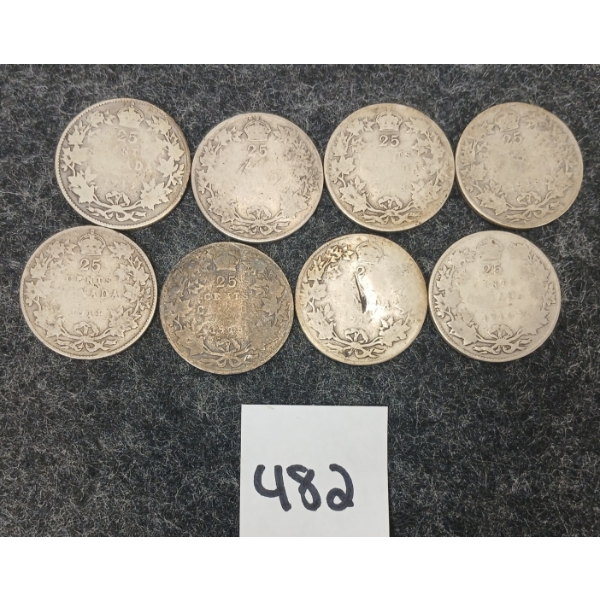 LOT OF 8 - CDN SILVER 25 CENT PCS - INCL 1913, 1914 & 1916, ETC 