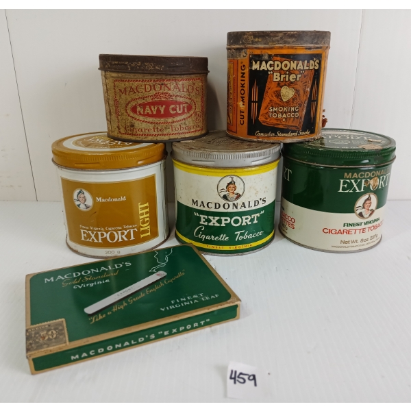 LOT OF 6 - MACDONALD'S CIGARETTE TOBACCO TINS - INCL BRIER, NAVY CUT, LIGHT, ETC