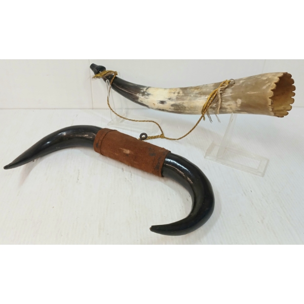 LOT OF 2 - DISPLAY HORNS & POWDER HORN