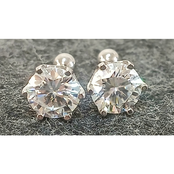PAIR OF STERLING & MOISSANITE STUD EARRINGS - ROUND BRILLIANT CUT - W/ CERTIFICATE