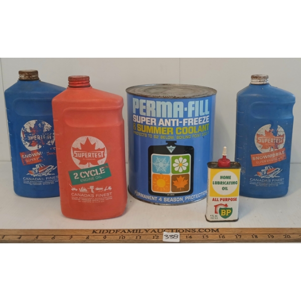 LOT OF 4 - SUPERTEST 2 CYCLE & SNOWMOBILE OIL, BP ALL PURPOSE OILER & PERMA-FILL SUPER ANTI-FREEZE