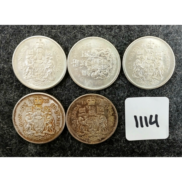 LOT OF 5 - 1964 & 1966 CDN SILVER 50 CENT COINS