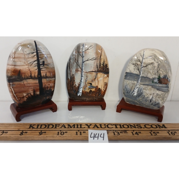 LOT OF 3 - CANADIAN LANDSCAPES PAINTED ON NATURAL STONE - BY N. CYWINK