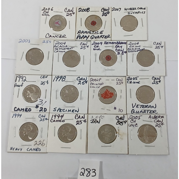 LOT OF 14 - CDN 25 CENT COINS - INCL 1992, 1994, 1998 & 2000 ETC