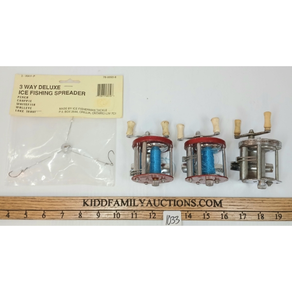 LOT OF 4 - VINTAGE FISHING REELS & 3-WAY DELUXE ICE FISHING SPREADER