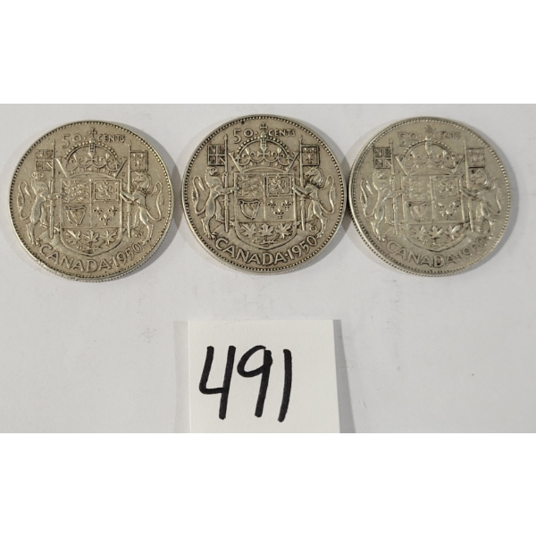 LOT OF 3 - 1950 CDN 50 CENT SILVER COINS