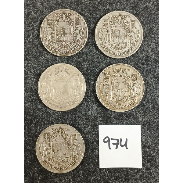 LOT OF 5 - 1940 CDN 50 CENT SILVER COINS