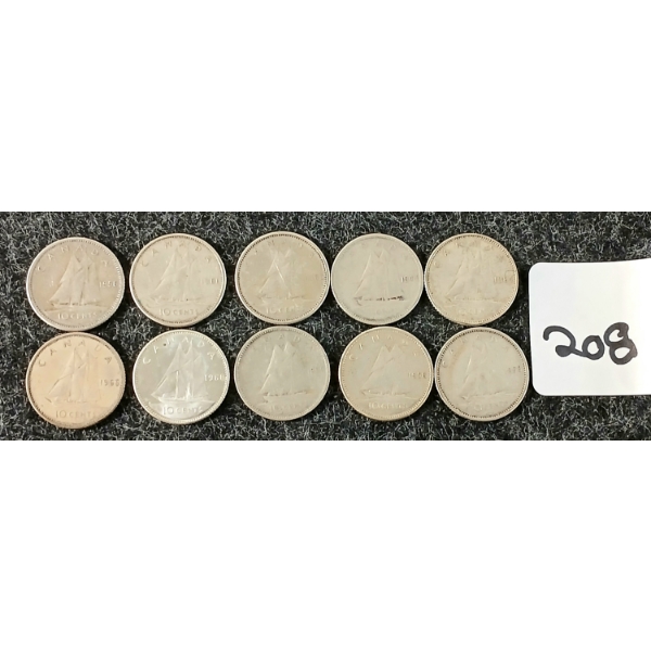 LOT OF 10 - 1944-1962 CDN 10 CENT COINS
