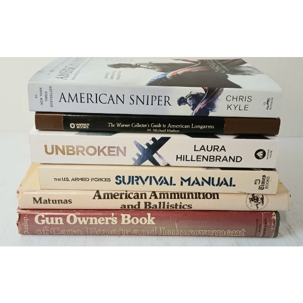 LOT OF 6 - BOOKS - "AMERICAN AMMUNITION & BALLISTICS", "AMERICAN SNIPER", "UNBROKEN", ETC