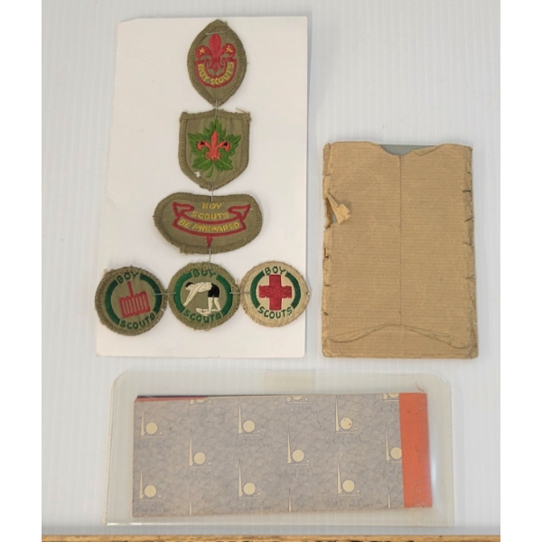 LOT OF 3 - BARRIE SCHOOL PENNY BANK BOOK, NEW YORK SOUVENIR TICKETS, & BOY SCOUT BADGES