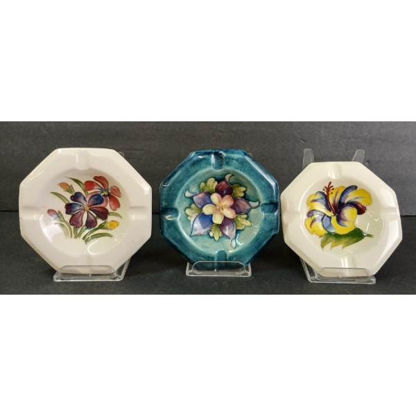 LOT OF 3 - MOORCROFT POTTERY FLORAL HEXAGONAL ASHTRAYS