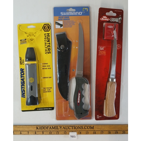 LOT OF 3 - HUNTERS SPECIALTIES INSTIGATOR GRUNT CALL, SHIMANO & BERKLEY FILET KNIVES