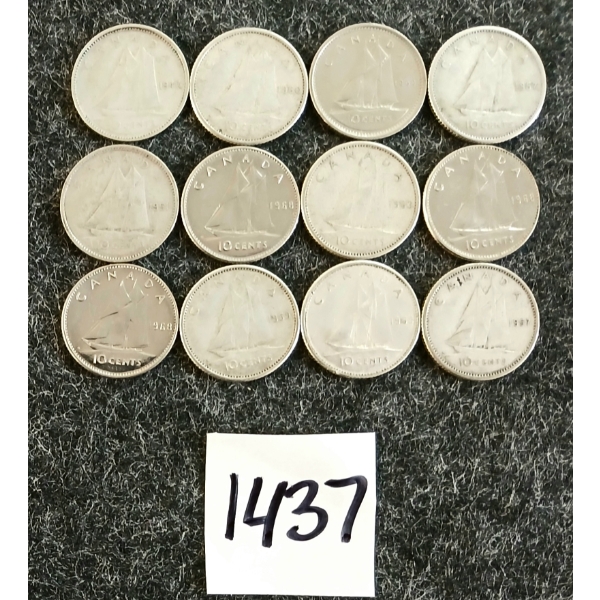 LOT OF 12 - 1947-1969 CDN 10 CENT COINS