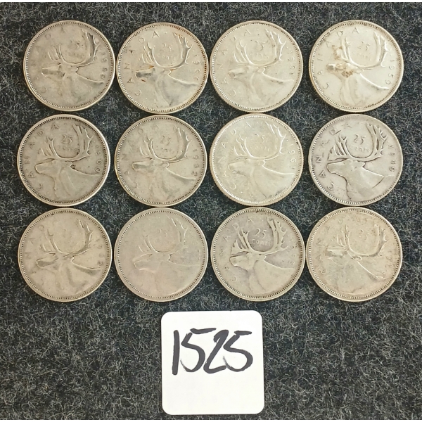 LOT OF 12 - 1949-1966 CDN 25 CENT COINS