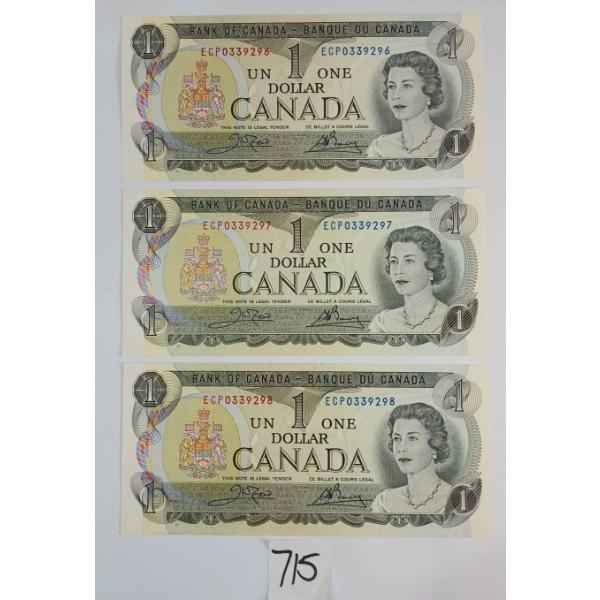 LOT OF 3 - 1973 CDN DOLLAR BANKNOTES - SEQUENTIAL