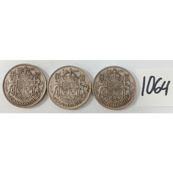 LOT OF 3 - 1941 CDN 50 CENT SILVER COINS