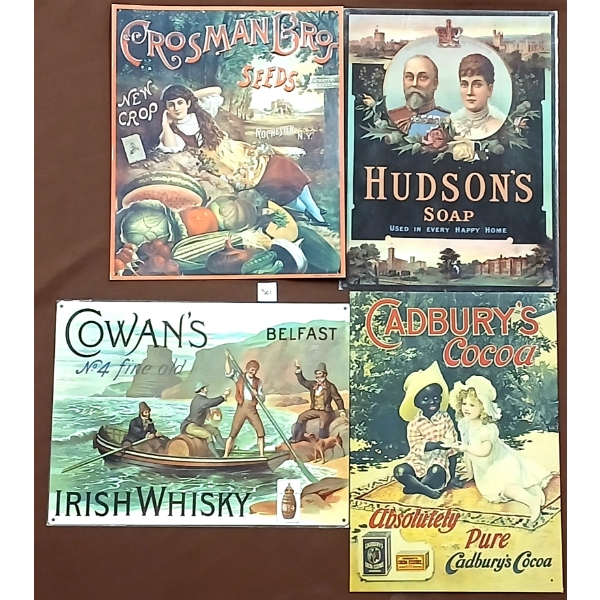 LOT OF 4 - MISC SST SIGNS - CADBURY'S COCOA, COWAN'S IRISH WHISKY, HUDSON'S SOAP, ETC