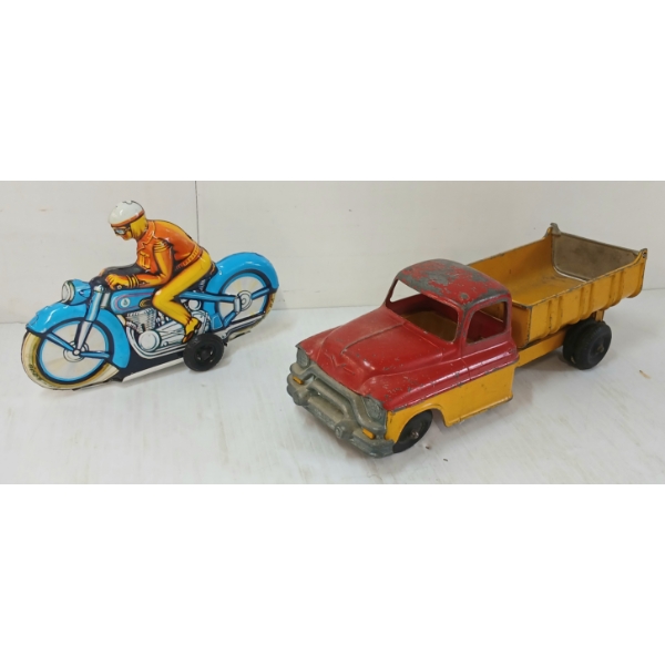 LOT OF 2 - PN CORD TIN FRICTION MOTORCYCLE & HUBLEY KIDDIE TOYS PRESSED STEEL TRUCK