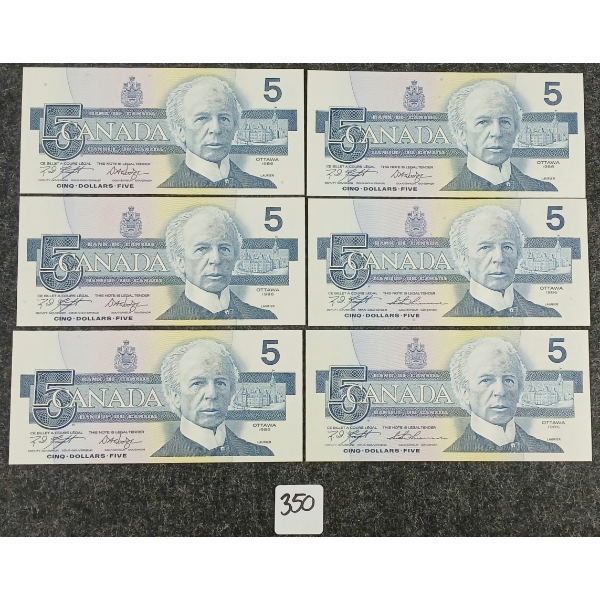 LOT OF 6 - 1986 CDN $5 BANKNOTES - SEQUENTIAL PAIRS