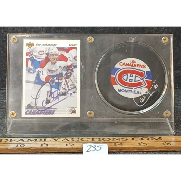 1991 UDC NHL MONTREAL CANADIENS GUY CARBONNEAU HOCKEY CARD & PUCK - AUTOGRAPHED