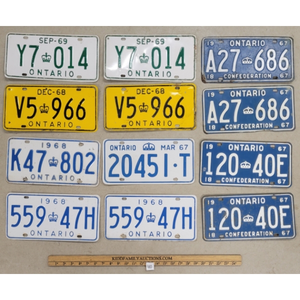 LOT OF 12 - 1967-1969 ONTARIO LICENCE PLATES