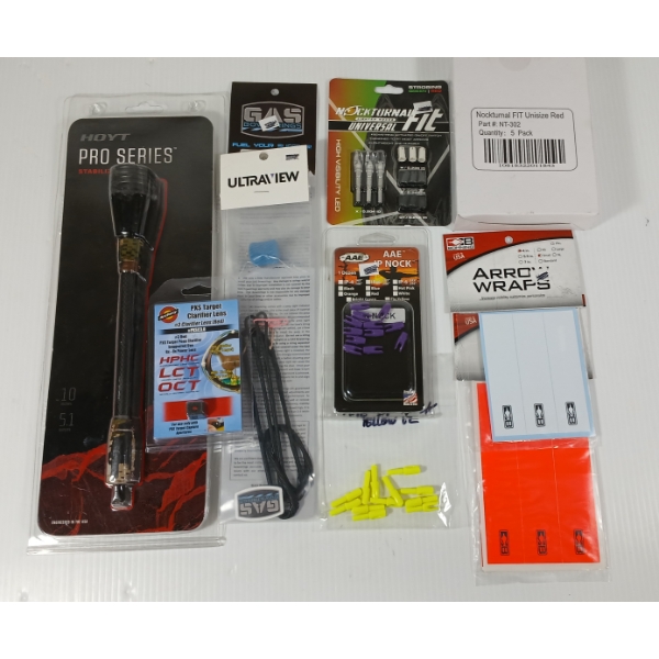 LOT OF 10 - ARCHERY - HOYT PRO SERIES STABILIZER, LIGHTED NOCKS, CARBON BOWSTRINGS, ETC