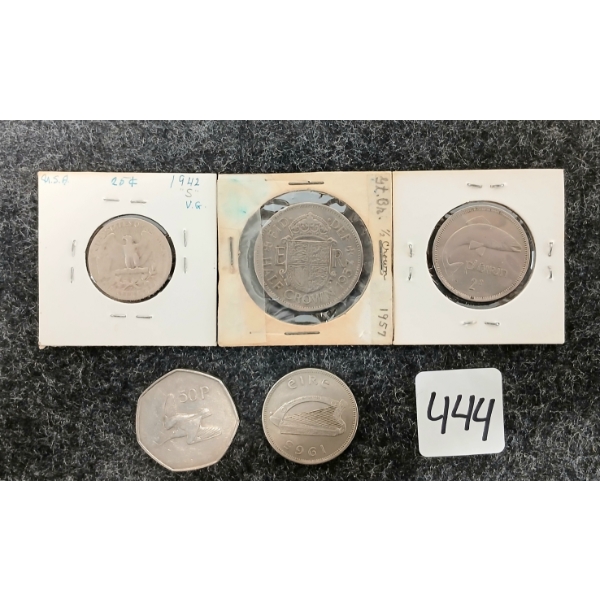 LOT OF 5 - 1965 2S EIRE FLORIN, 1970 50P, 1942 U.S 25 CENT & 1957 HALF CROWN COINS
