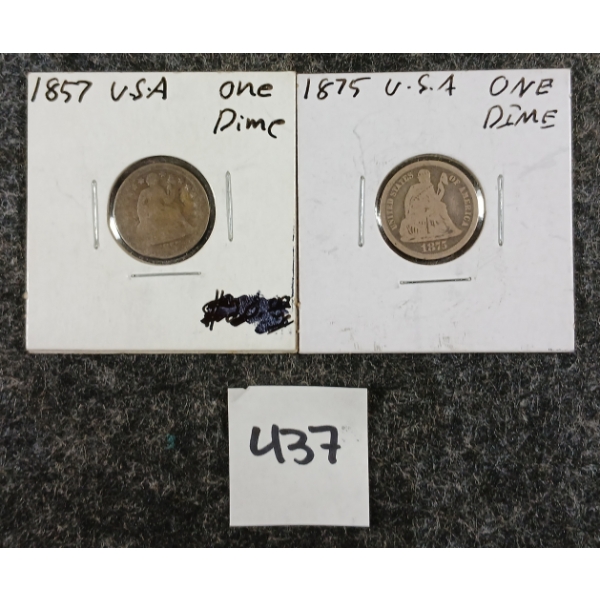 LOT OF 2 - 1857 & 1875 U.S. SEATED LIBERTY HALF DIME COINS 