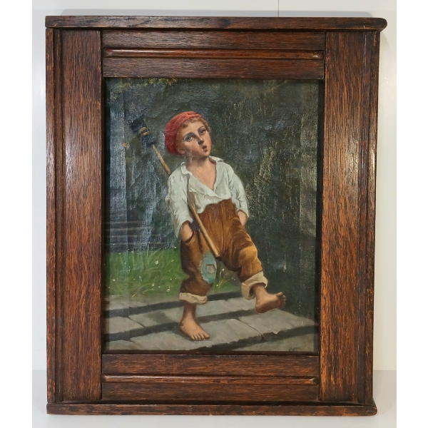 WHISTLING CHILD BY UNKNOWN ARTIST - FRAMED OIL ON CANVAS