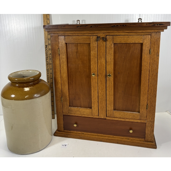 LOT OF 2 - STONEWARE CROCK & WALL CABINET - MIXED WOODS INCL CHERRY