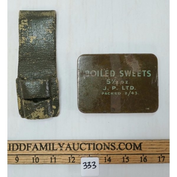 LOT OF 2 - 1943 BOILED SWEETS RATION TIN & BAYONET FROG