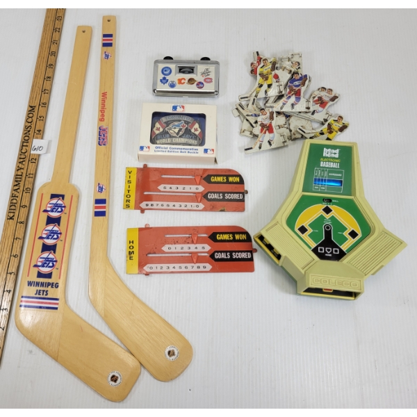 JOB LOT - SPORTS MEMORABILIA - INCL JETS MINI STICKS & HEAD TO HEAD ELECTRONIC BASEBALL, ETC