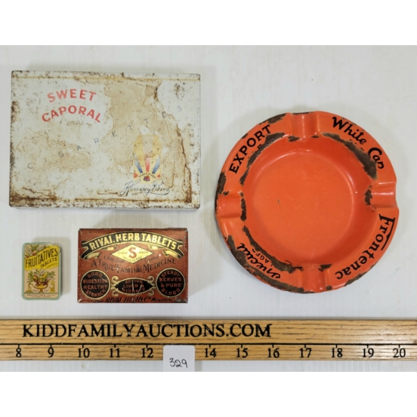 LOT OF 4 - FRONTENAC ASHTRAY, RIVAL HERB TABLETS, FRUITATIVES, SWEET CAPORAL TINS