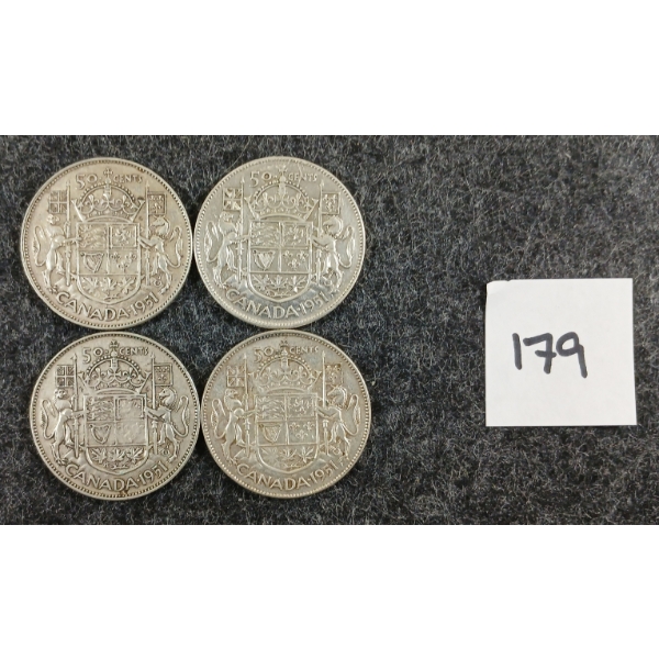 LOT OF 4 - 1951 CDN 50 CENT SILVER COINS