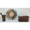 Image 3 : LOT OF 3 - CHINESE CARVED OPIUM PIPE BOX, PRIMITIVE MORTAR & PESTLE & SUNBURST FRAMED MIRROR