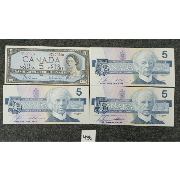 LOT OF 4 - 1954 & 1986 CDN $5 BANKNOTES - INCL CONSECUTIVE 