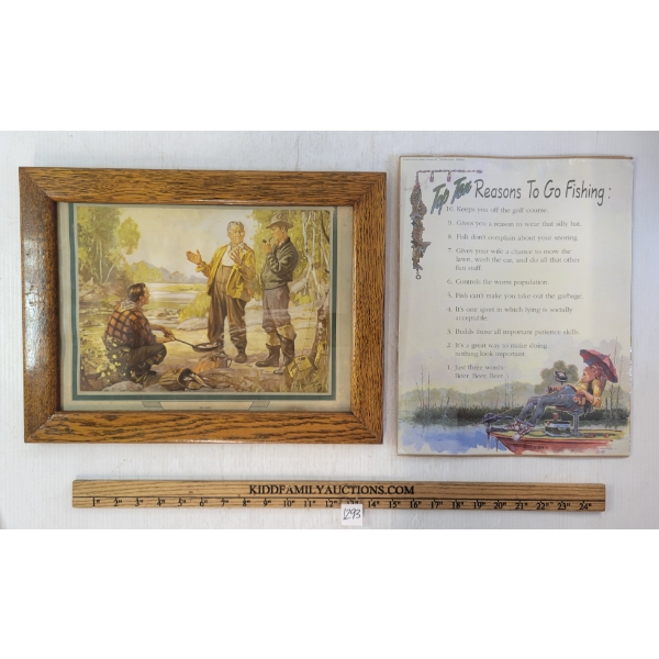 LOT OF 2 - "TOP TEN REASONS TO GO FISHING" POSTER & COOKING FISH FRAMED PRINT