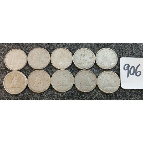 LOT OF 10 - 1947-1968 CDN 10 CENT COINS