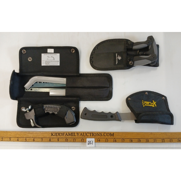 LOT OF 3 - NATURE XPLORE PACK AXE, ALLEN FOLDING SAW & WINCHESTER 3PC KNIFE SET W/ SHEATHS