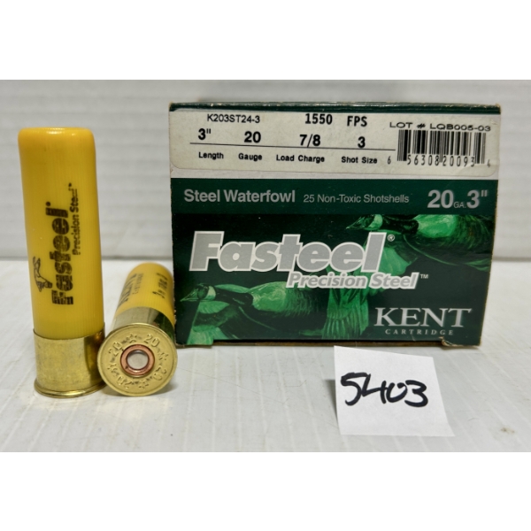 AMMO: 23X KENT 20 GA 3IN NO3 STEEL SHOT 