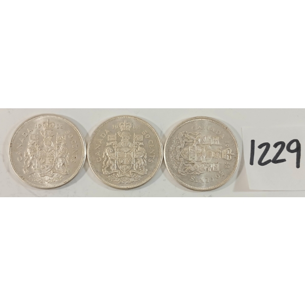 LOT OF 3 - 1962 CDN 50 CENT SILVER COINS