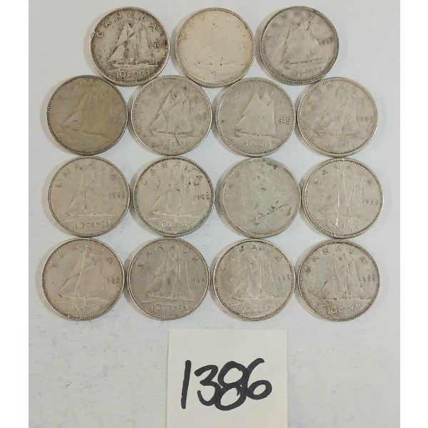 LOT OF 15 - 1945-1968 CDN SILVER DIMES