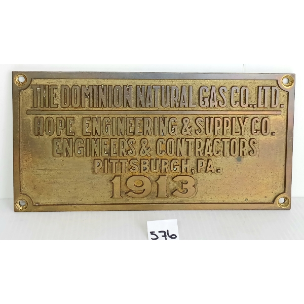 1913 THE DOMINION NATURAL GAS CO. BRASS PLAQUE
