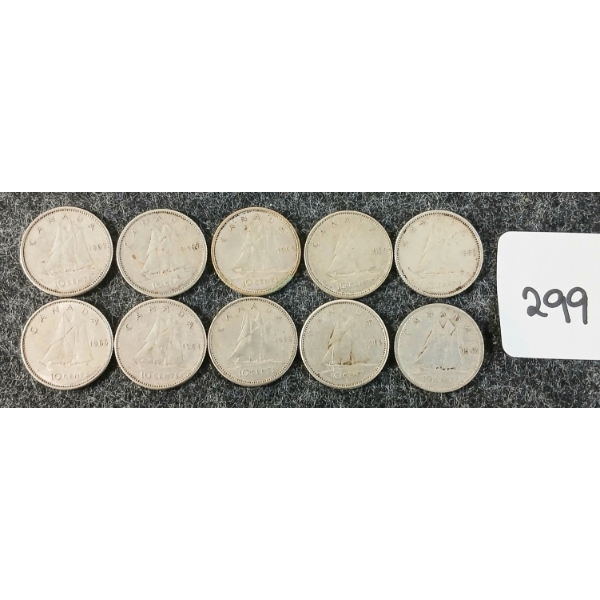 LOT OF 10 - 1942-1966 CDN 10 CENT COINS