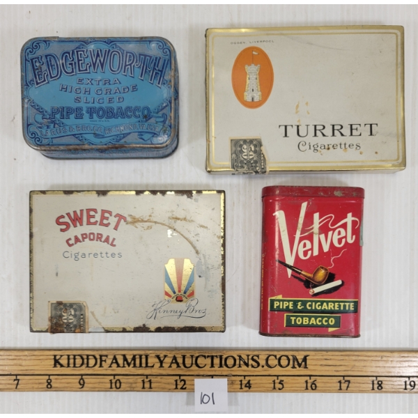 LOT OF 4 - CIGARETTE & TOBACCO TINS - INCL VELVET & TURRET, ETC