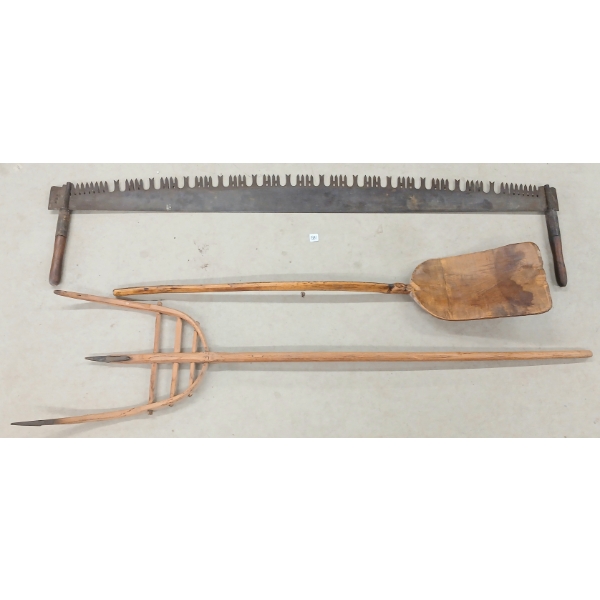 LOT OF 3 - PRIMITIVE / ANTIQUE TOOLS - CARVED SHOVEL, PITCHFORK & SAW